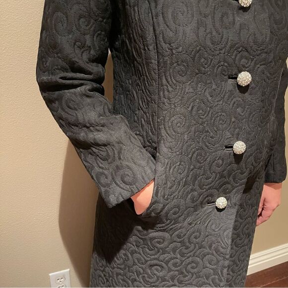Vintage 1960’s Deadstock Black Matelasse Long Maxi Dress Coat Rhinestone Button - Picture 6 of 10